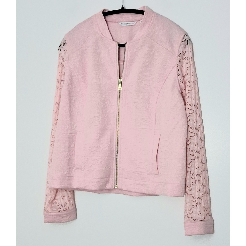Isaac Mizrahi Live! Jacket* Women's Medium Pink Lace Knit Bomber Jacket Preowned